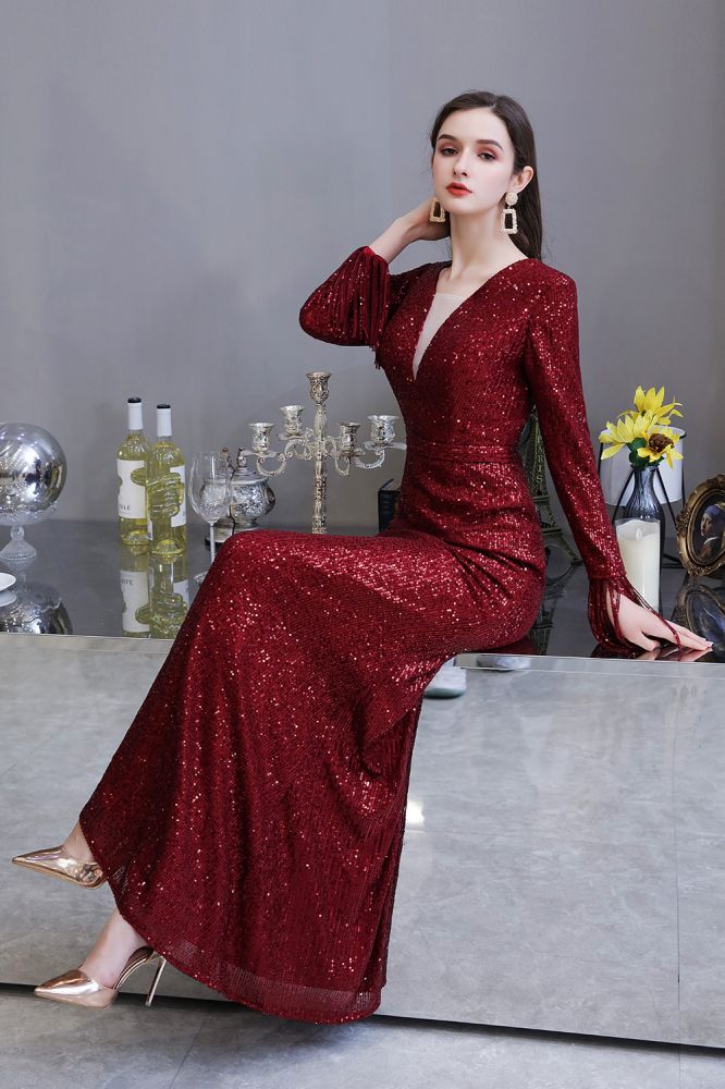 Elegant Sequined Burgundy V-Neck Mermaid Cocktail Party Dress Floor Length - Prom Dresses - DYAVOR®
