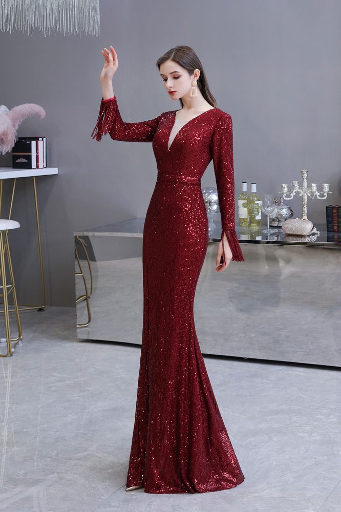 Elegant Sequined Burgundy V-Neck Mermaid Cocktail Party Dress Floor Length - Prom Dresses - DYAVOR®
