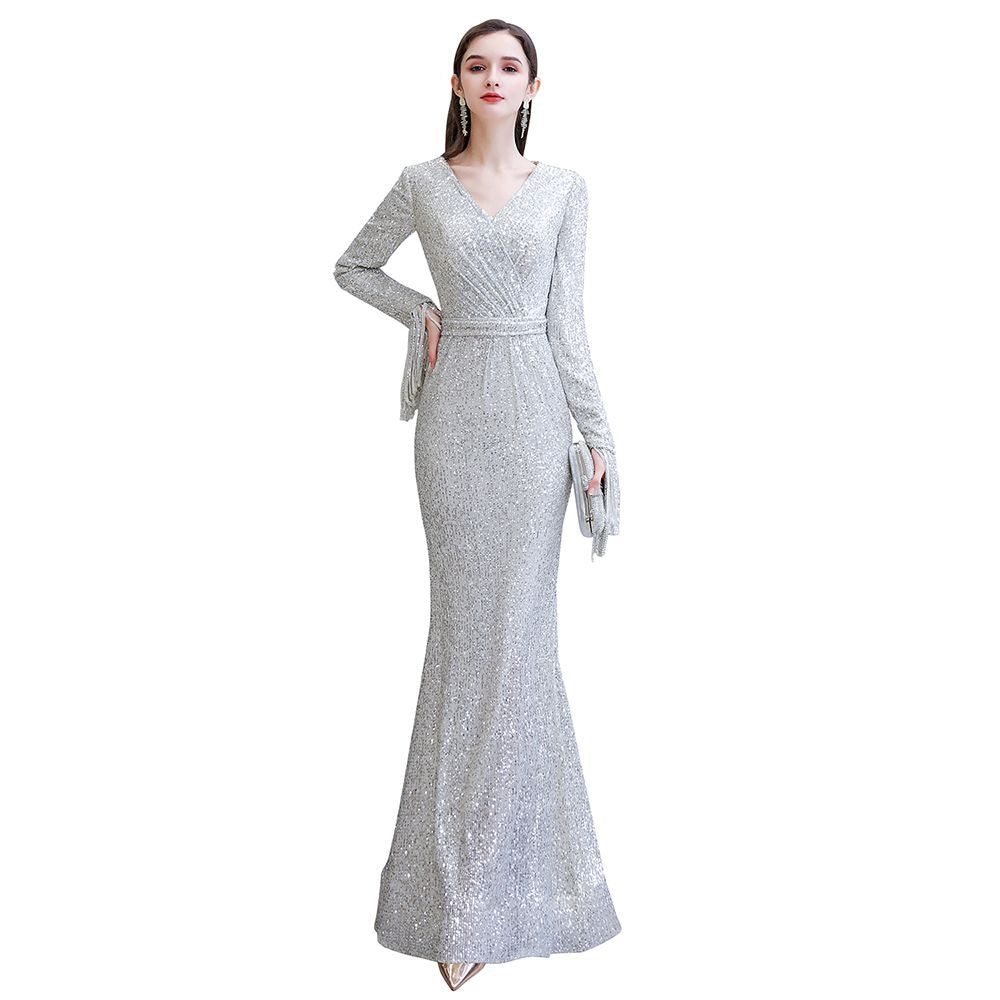 Elegant Sequined Burgundy V-Neck Mermaid Cocktail Party Dress Floor Length - Prom Dresses - DYAVOR®