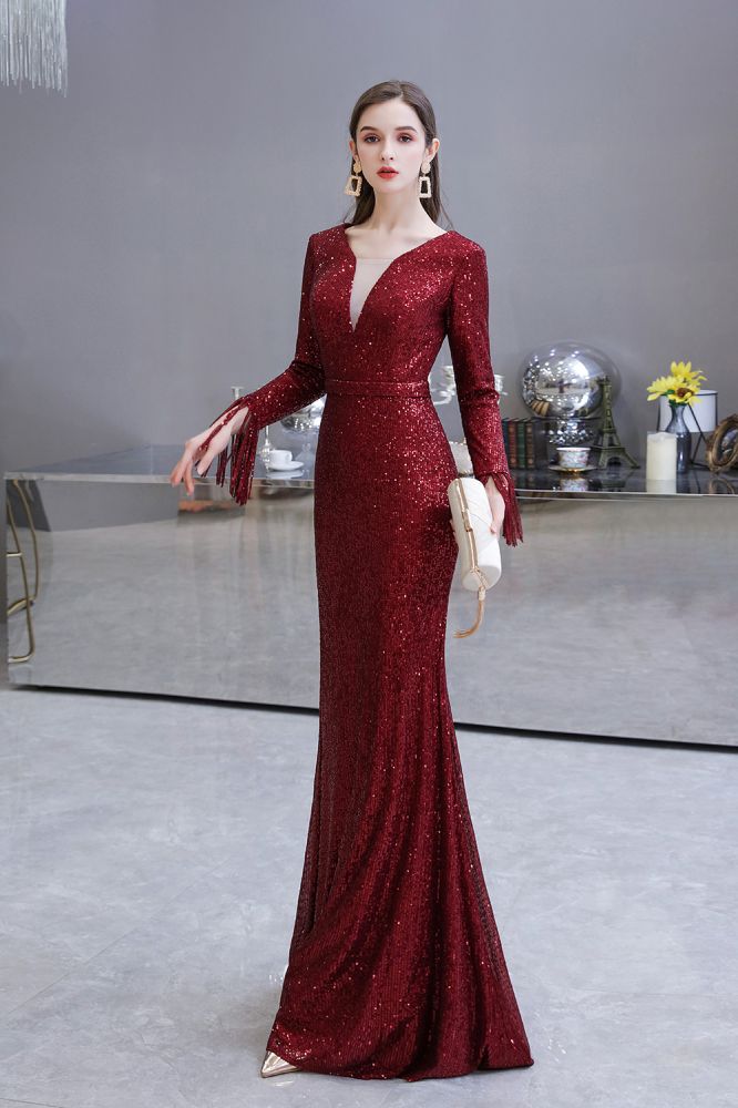Elegant Sequined Burgundy V-Neck Mermaid Cocktail Party Dress Floor Length - Prom Dresses - DYAVOR®