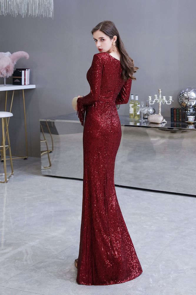 Elegant Sequined Burgundy V-Neck Mermaid Cocktail Party Dress Floor Length - Prom Dresses - DYAVOR®