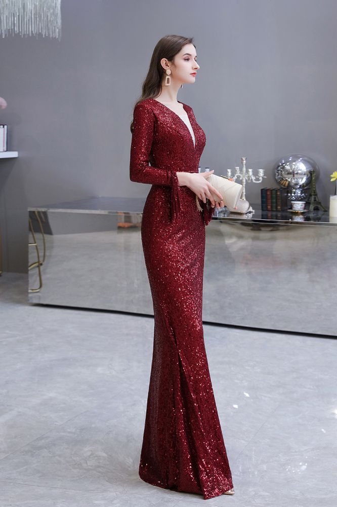 Elegant Sequined Burgundy V-Neck Mermaid Cocktail Party Dress Floor Length - Prom Dresses - DYAVOR®
