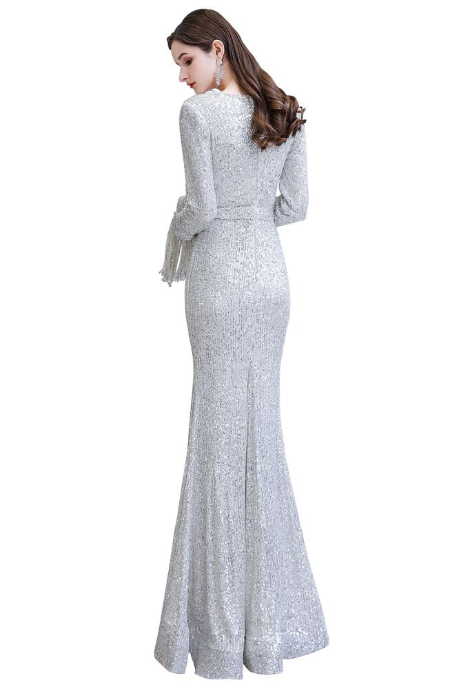 Elegant Sequined Burgundy V-Neck Mermaid Cocktail Party Dress Floor Length - Prom Dresses - DYAVOR®