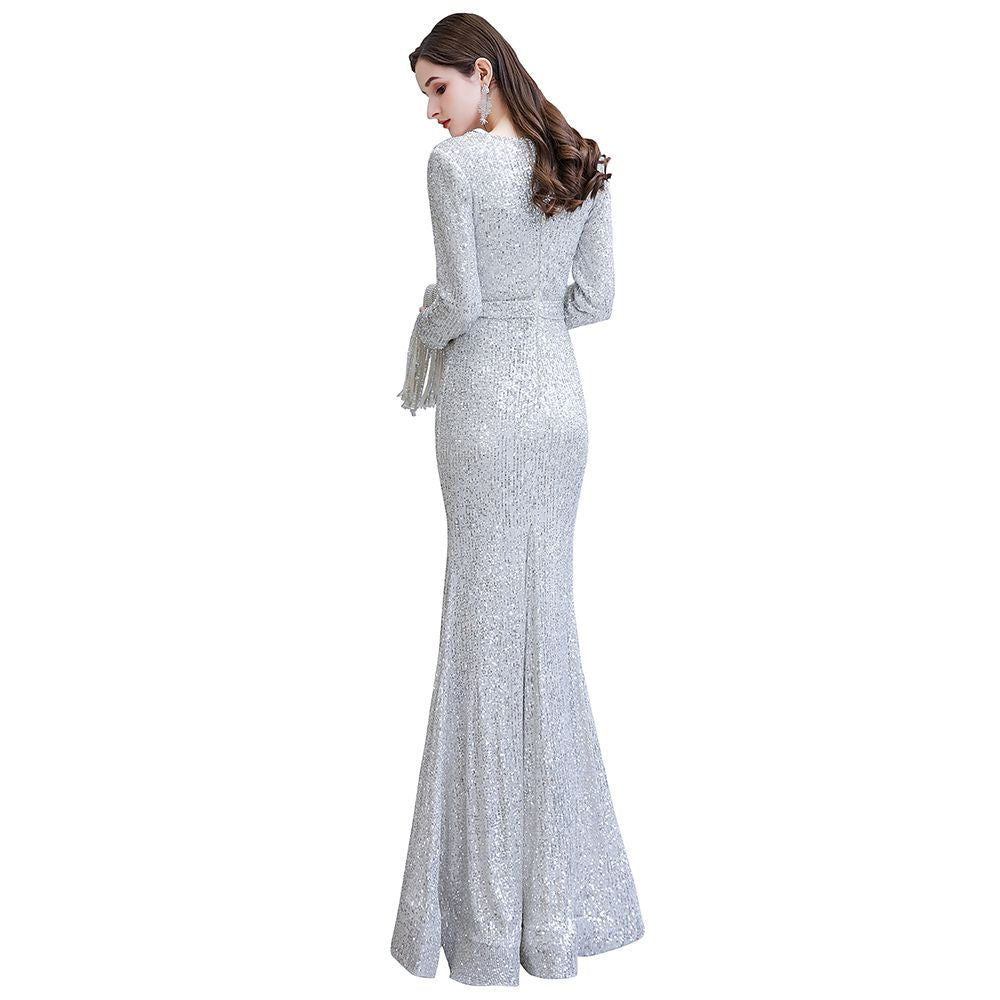 Elegant Sequined Burgundy V-Neck Mermaid Cocktail Party Dress Floor Length - Prom Dresses - DYAVOR®