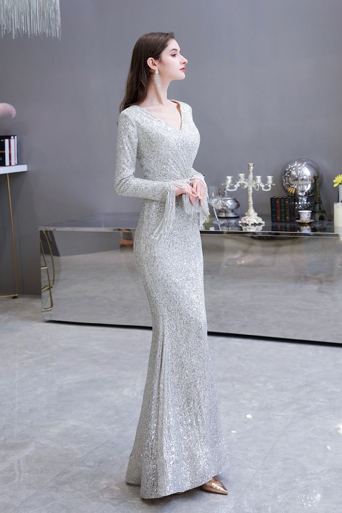 Elegant Sequined Burgundy V-Neck Mermaid Cocktail Party Dress Floor Length - Prom Dresses - DYAVOR®