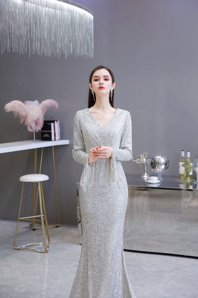 Elegant Sequined Burgundy V-Neck Mermaid Cocktail Party Dress Floor Length - Prom Dresses - DYAVOR®