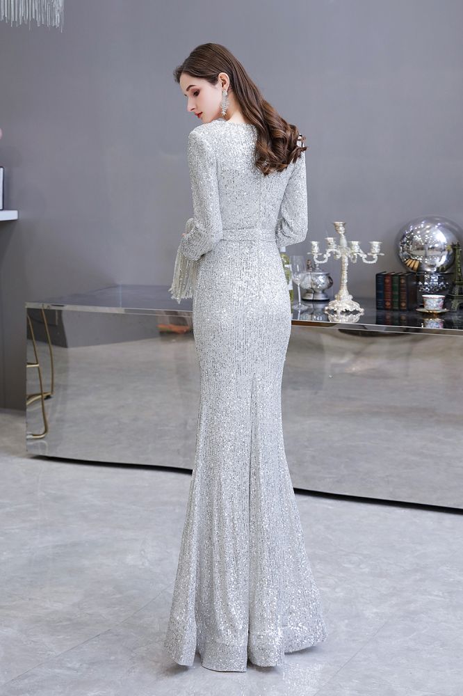 Elegant Sequined Burgundy V-Neck Mermaid Cocktail Party Dress Floor Length - Prom Dresses - DYAVOR®