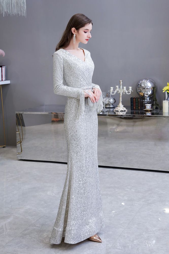 Elegant Sequined Burgundy V-Neck Mermaid Cocktail Party Dress Floor Length - Prom Dresses - DYAVOR®