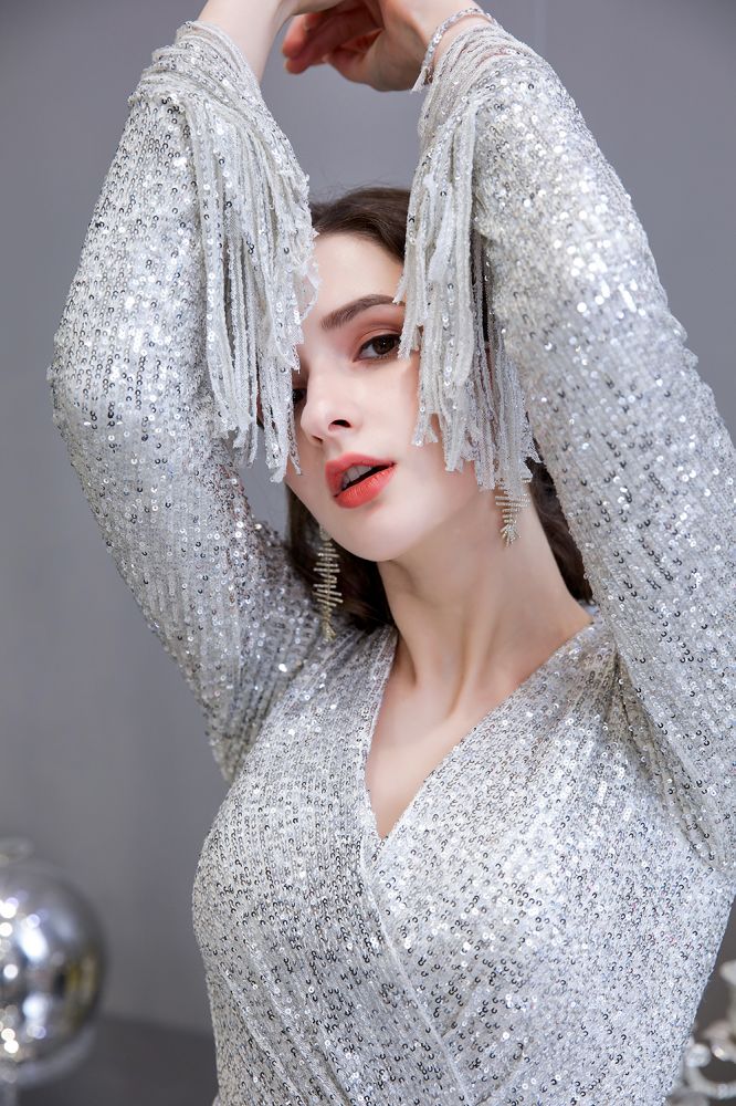 Elegant Sequined Burgundy V-Neck Mermaid Cocktail Party Dress Floor Length - Prom Dresses - DYAVOR®