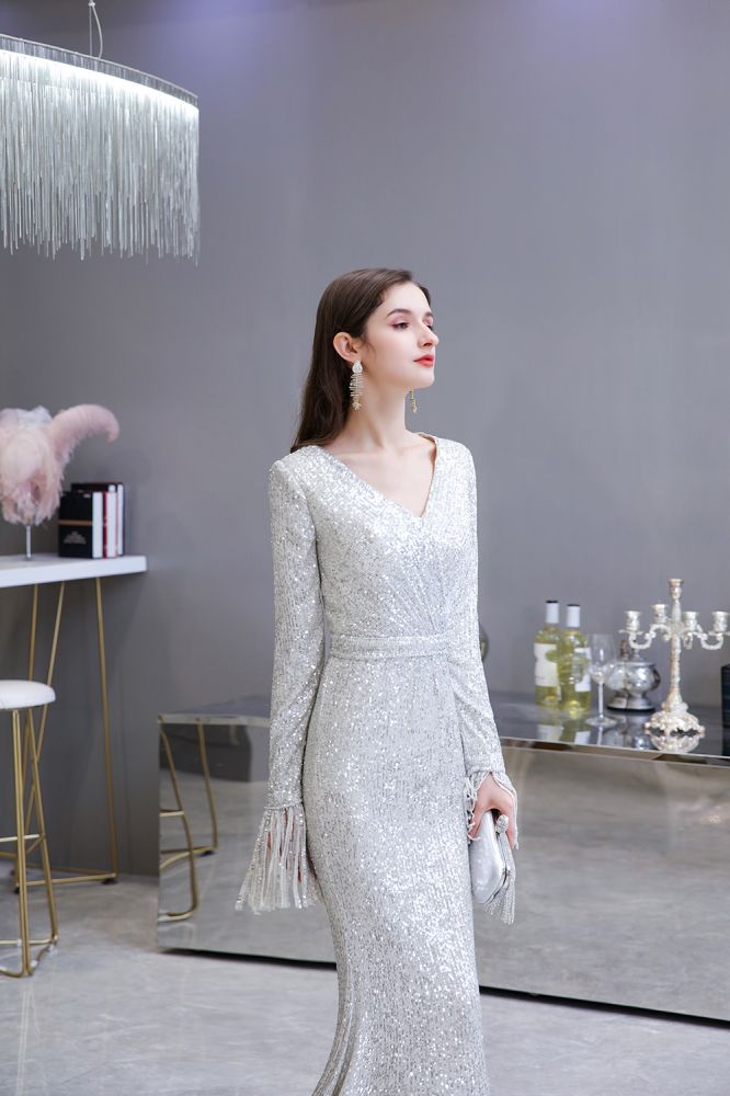 Elegant Sequined Burgundy V-Neck Mermaid Cocktail Party Dress Floor Length - Prom Dresses - DYAVOR®