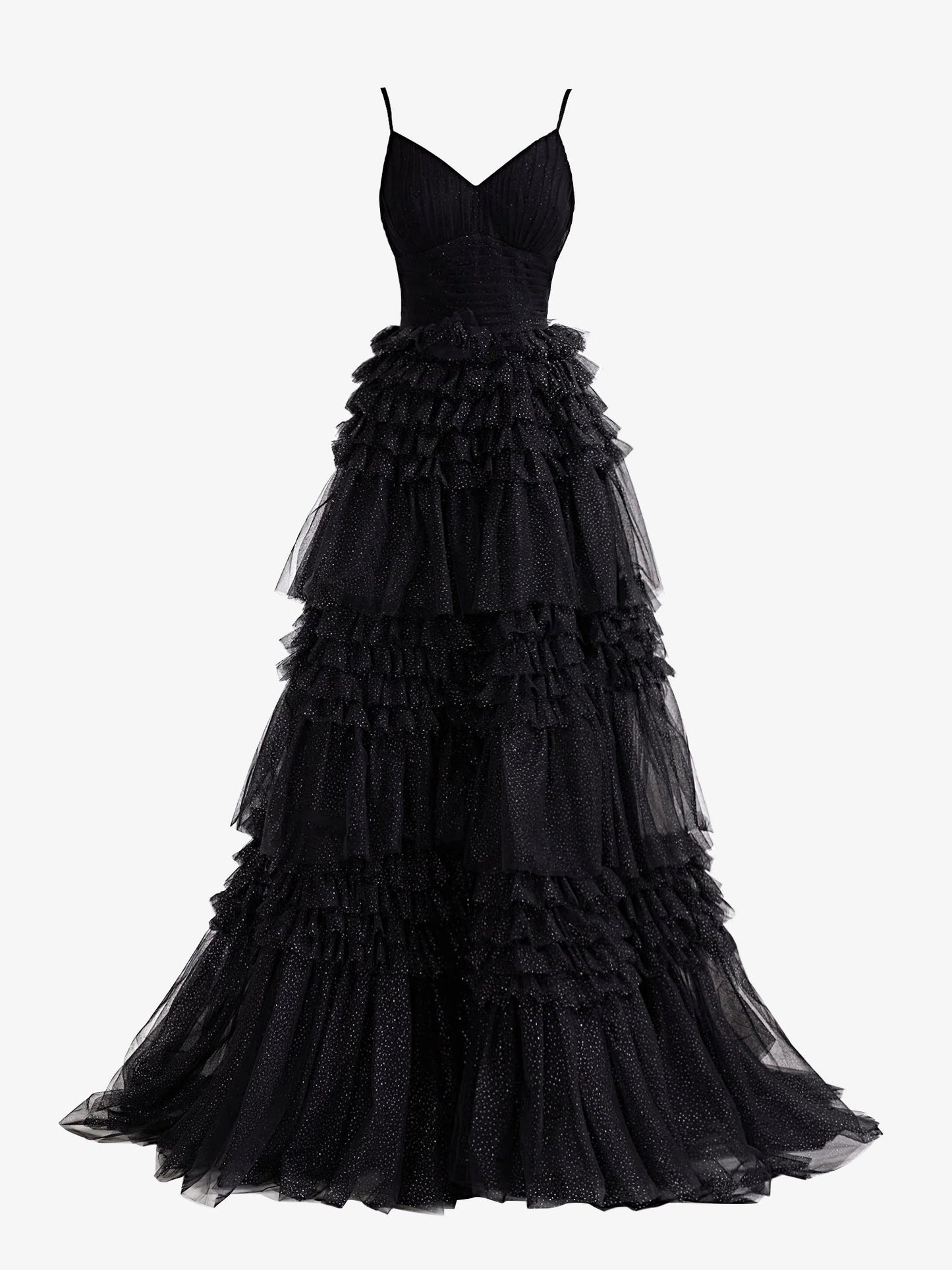 Emerson | Black A-Line Deep V Neck Tiered Long Glitter Tulle Prom Dress - Prom Dress - DYAVOR®
