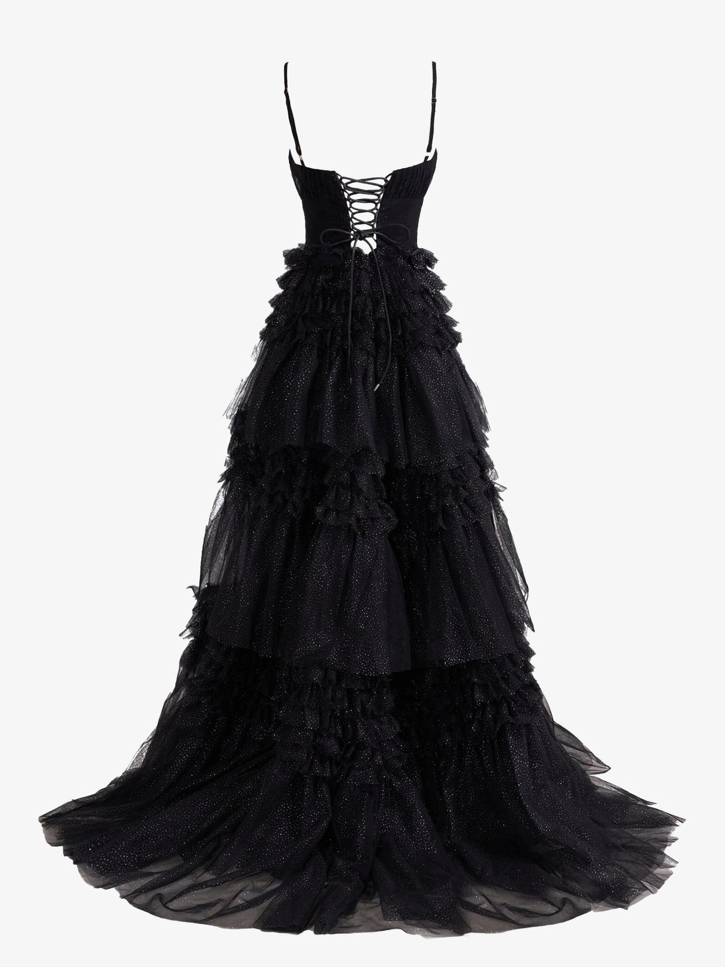 Emerson | Black A-Line Deep V Neck Tiered Long Glitter Tulle Prom Dress - Prom Dress - DYAVOR®