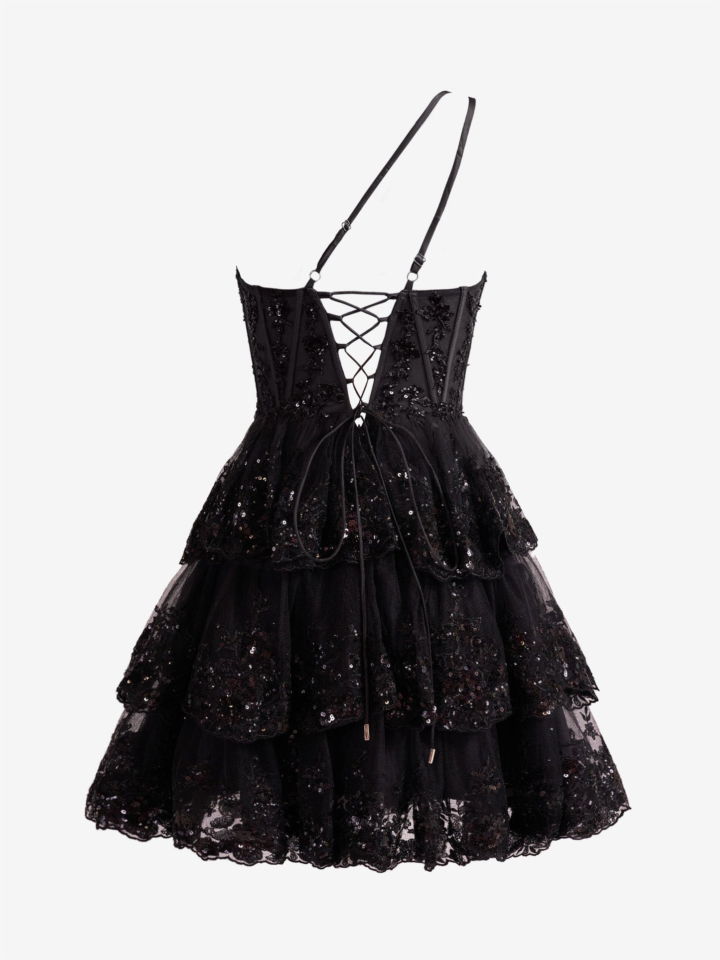 Emma | Black A Line One Shoulder Navy Tiered Lace Short Homecoming Dress - Cocktail Dress - DYAVOR®