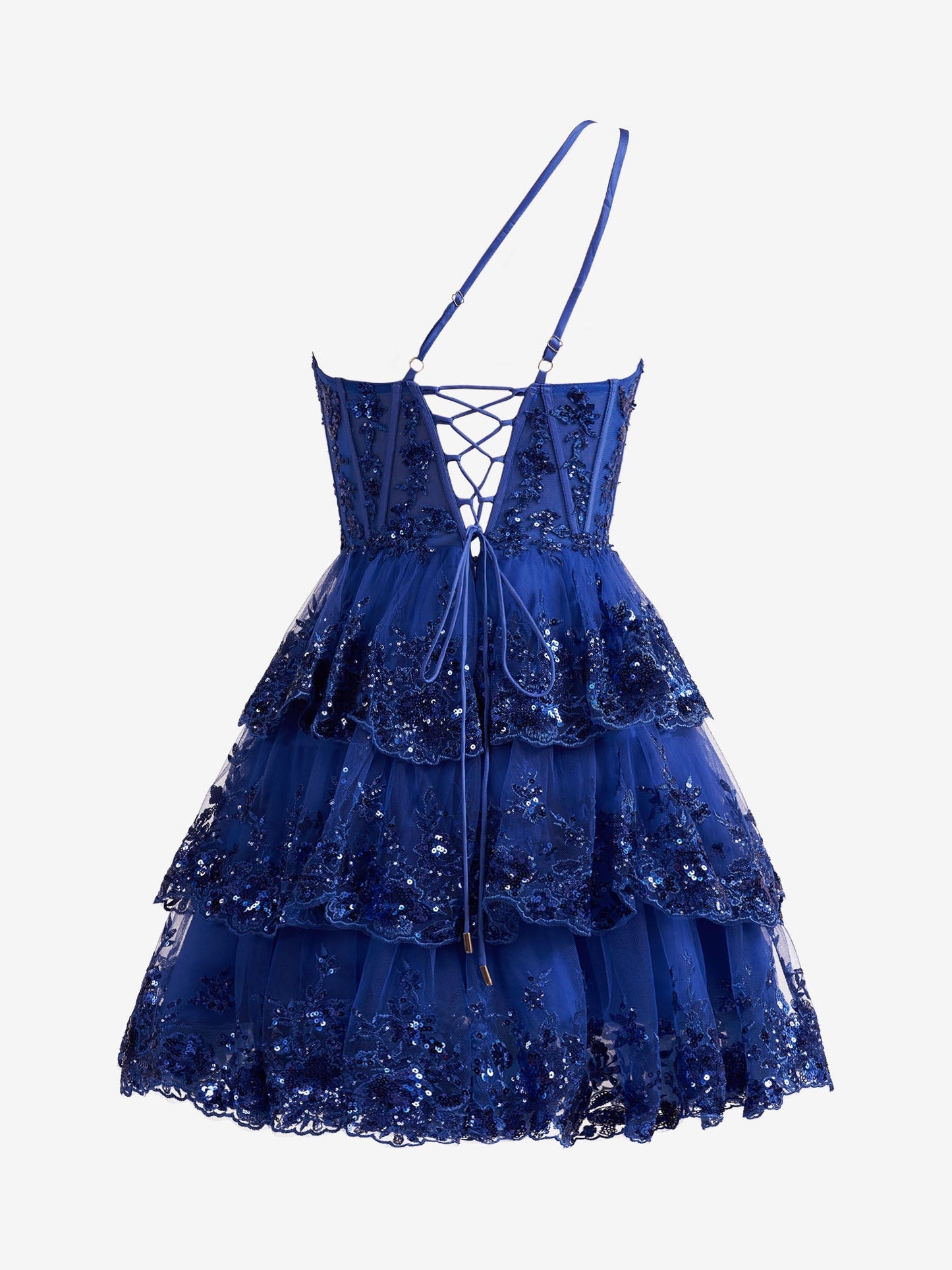 Emma | Royal Blue A Line One Shoulder Navy Tiered Lace Short Homecoming Dress - Cocktail Dress - DYAVOR®