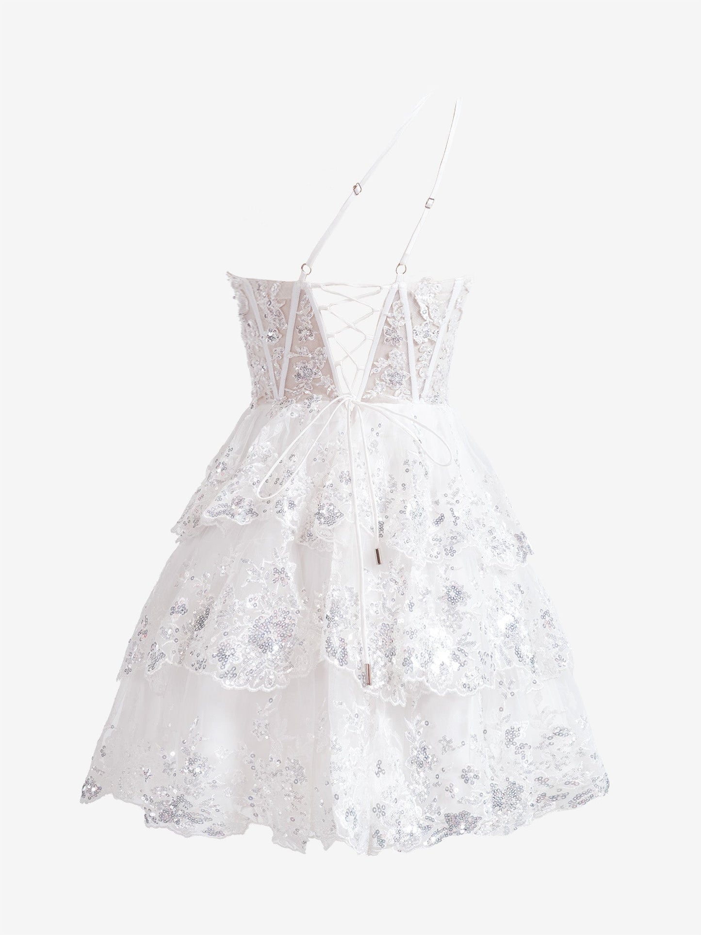 Emma | White A Line One Shoulder Navy Tiered Lace Short Homecoming Dress - Cocktail Dress - DYAVOR®