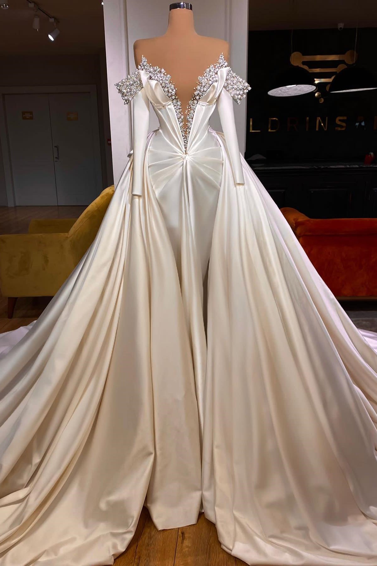 Exquisite Floor Length V-Neck Long Sleeves A-Line Satin Prom Dress with Beads - Prom Dresses - DYAVOR®