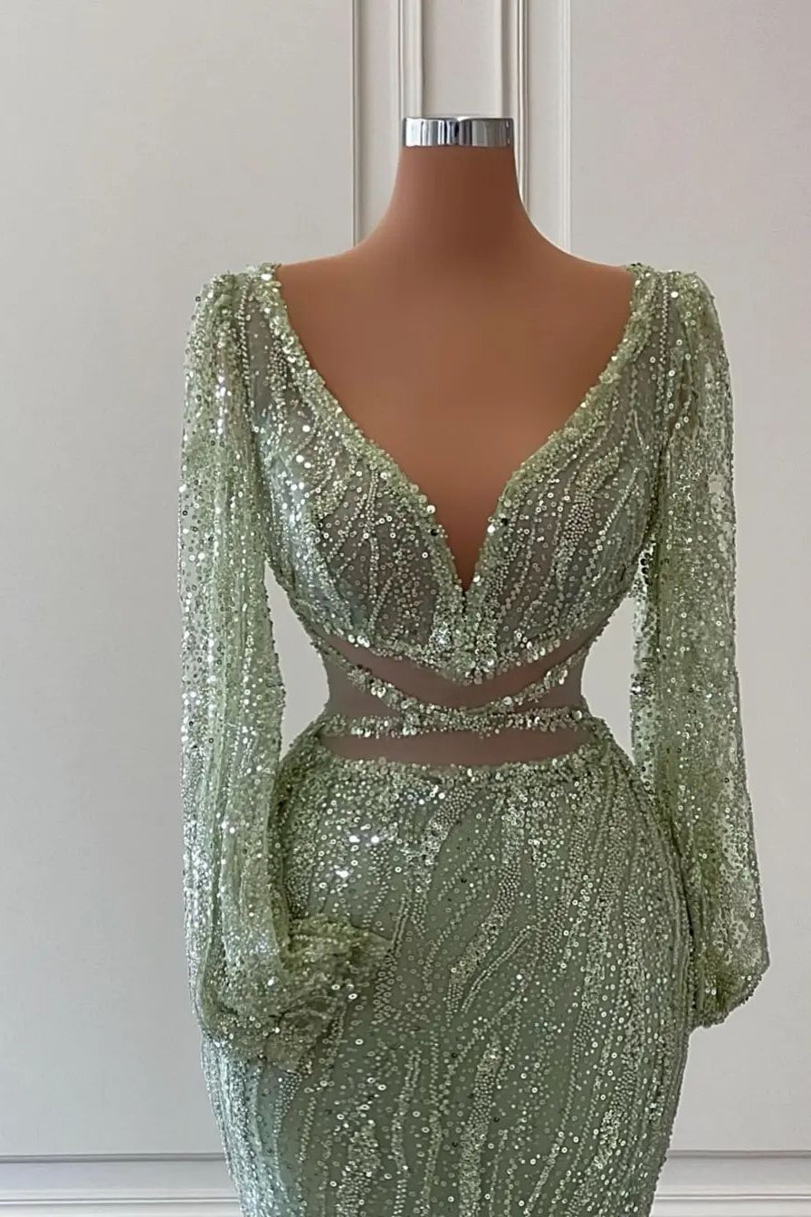 Exquisite Floor Length V-Neck Long Sleeves Mermaid Prom Dress with Sequins - Prom Dresses - DYAVOR®