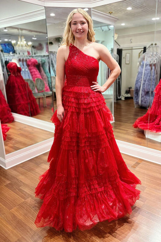 Sparkly Red One Shoulde Ruffle Tulle A-Line Long Prom Dresses - Prom Dress - DYAVOR®