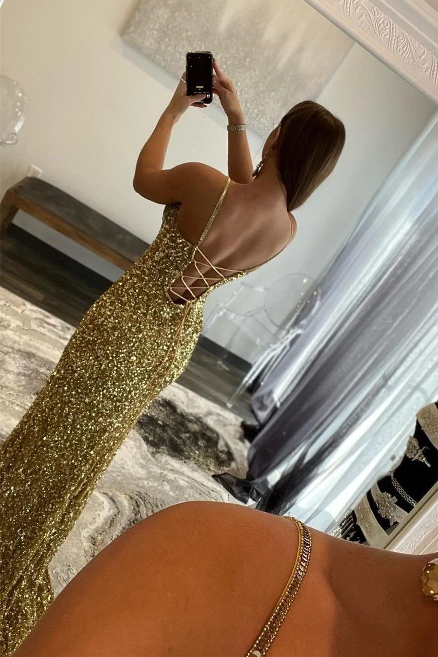 Arlene | Charming Mermaid V Nekc Gold Sequins Long Prom Dresses with Slit - Prom Dress - DYAVOR®