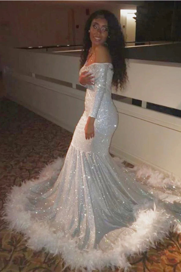 Fabulous Floor Length Long Sleeves Mermaid Sequined Prom Dress with Feathers - Prom Dresses - DYAVOR®