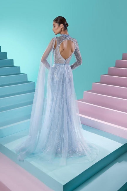 Fabulous Long A-line High Neck Long Sleeve Beading Prom Dress With Slit - Prom Dresses - DYAVOR®