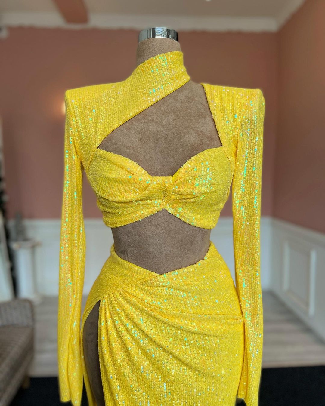 Fabulous Long Yellow Sequined High Neck Long Sleeves Prom Dress With Slit - Prom Dresses - DYAVOR®