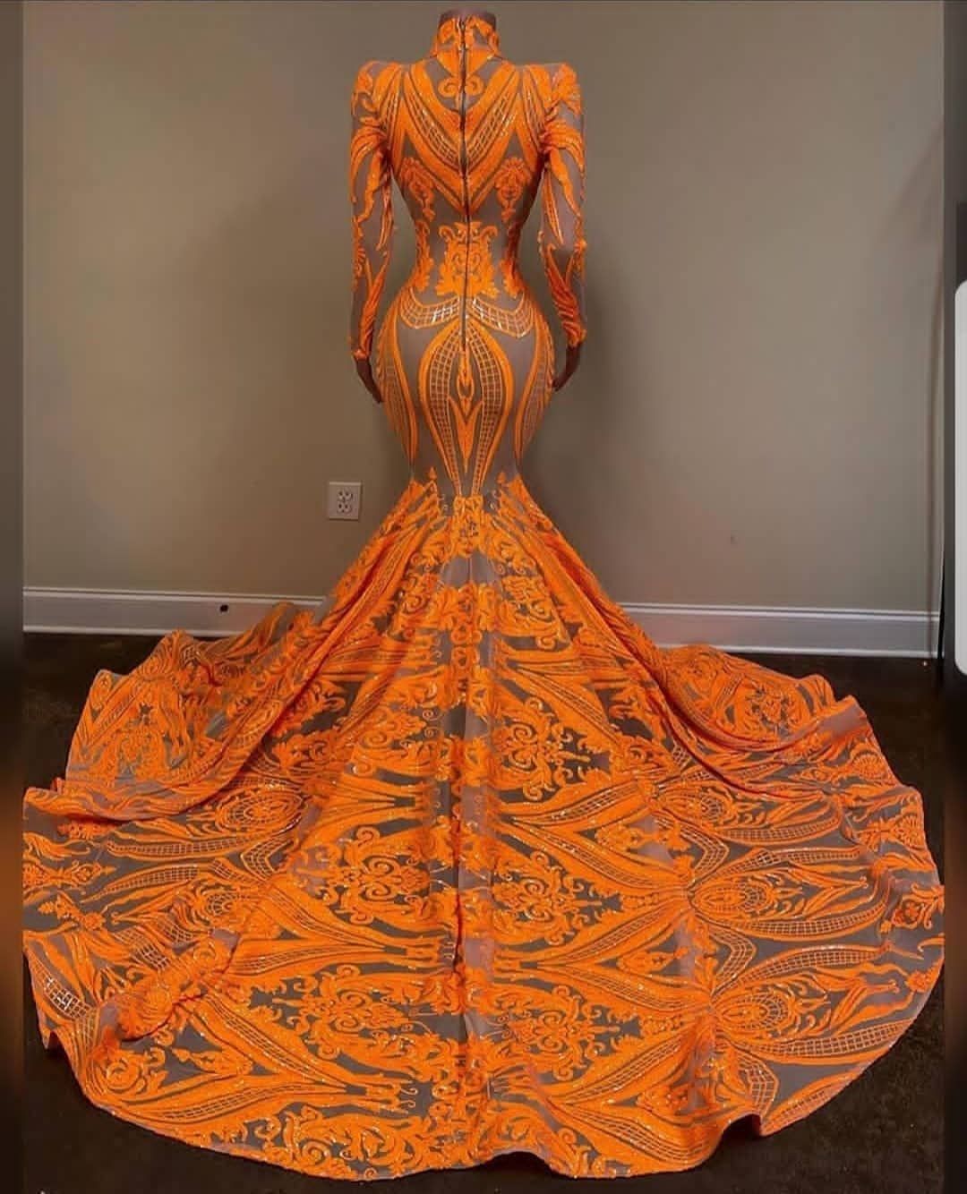 Fabulous Orange Halter Appliques Lace Long Sleeve Mermaid Prom Dresses - Prom Dresses - DYAVOR®