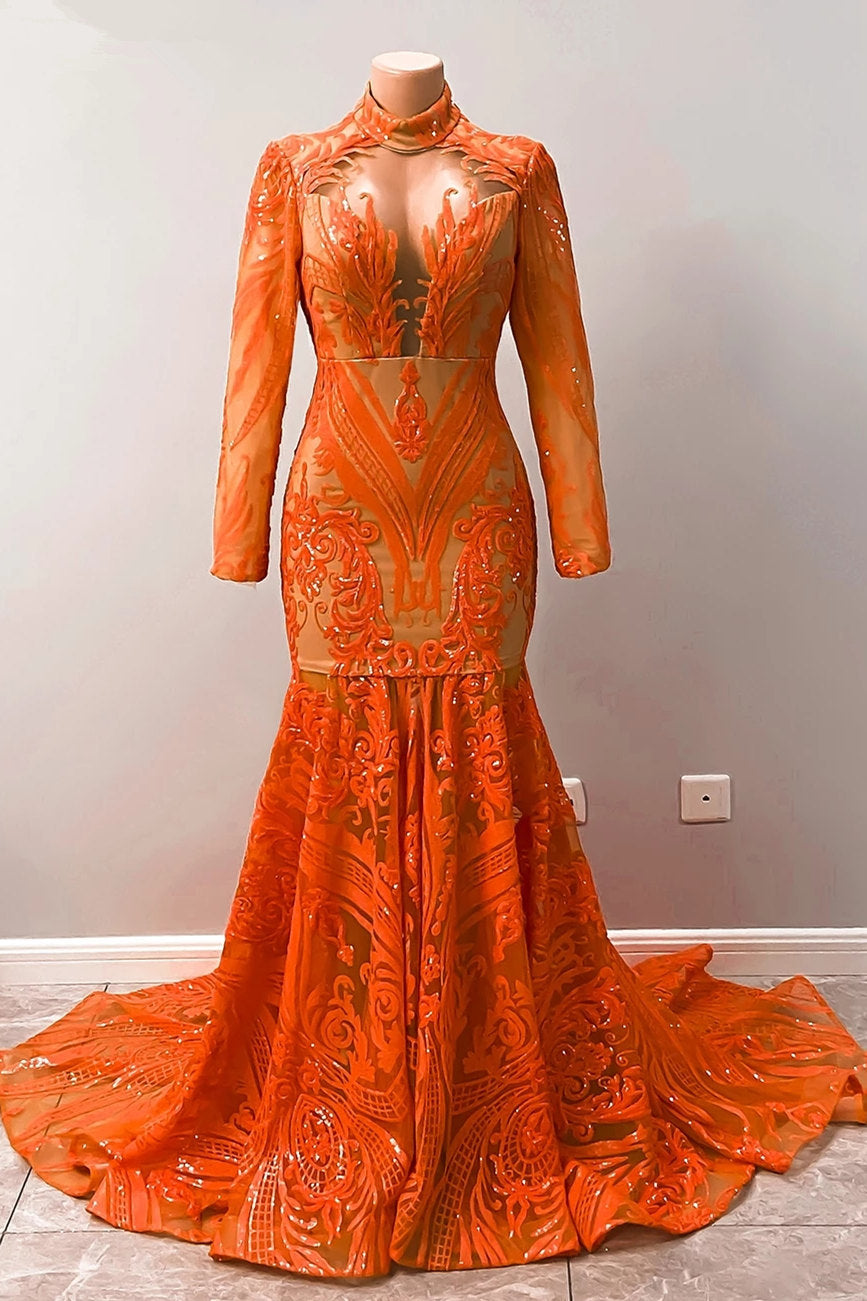 Fabulous Orange Halter Appliques Lace Long Sleeve Mermaid Prom Dresses - Prom Dresses - DYAVOR®