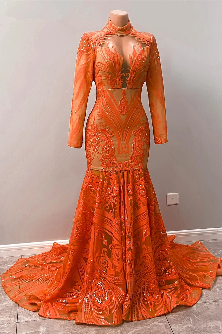 Fabulous Orange Halter Appliques Lace Long Sleeve Mermaid Prom Dresses - Prom Dresses - DYAVOR®