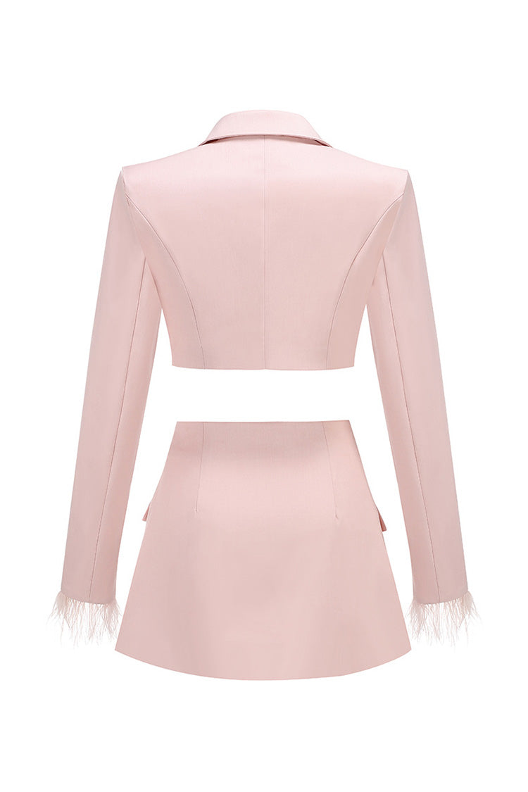 Fancy Feather Trim High Waist Long Sleeve Crop Blazer Two Piece Mini Dress - Two Piece - DYAVOR®