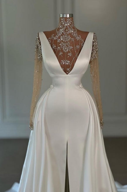 Fashion Long White A-line High Neck Lace Glitter Split Front Prom Dresses with Long Sleeves - Prom Dresses - DYAVOR®