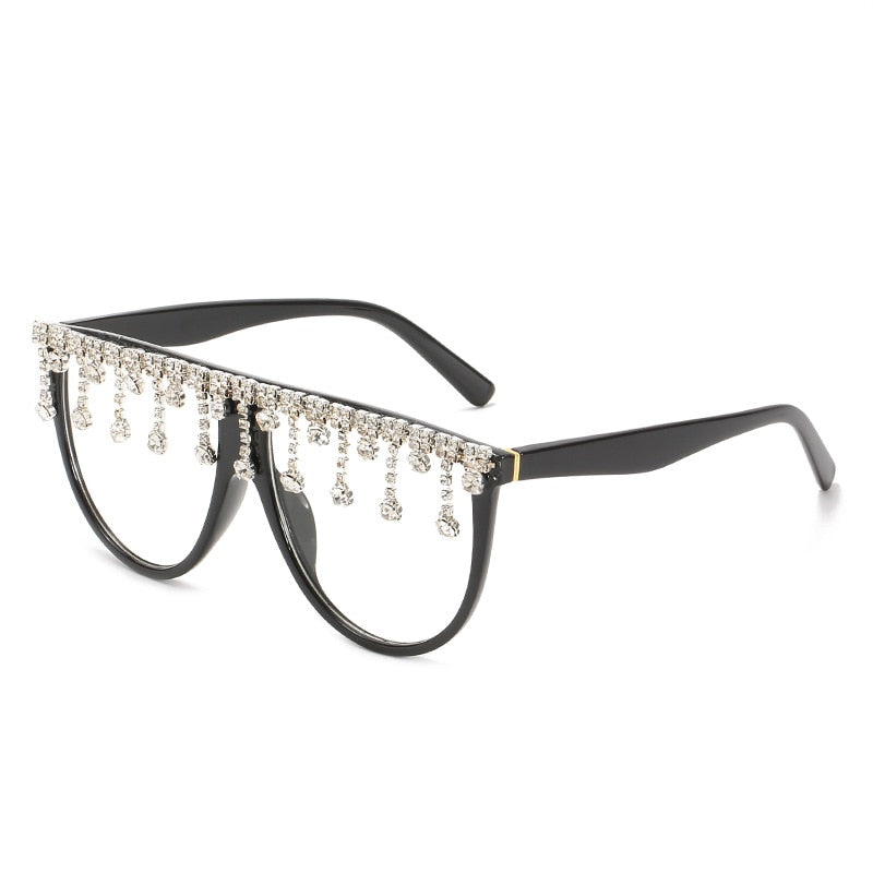 Women's Designer Fashion Tassel Oversized Rhinestone Flat Top Sunglasses - Women Sunglasses - DYAVOR®