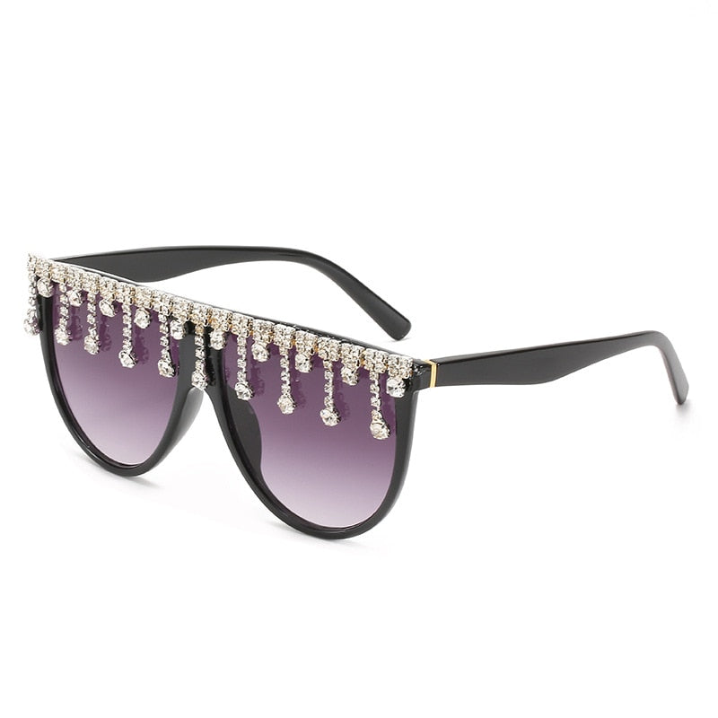 Women's Designer Fashion Tassel Oversized Rhinestone Flat Top Sunglasses - Women Sunglasses - DYAVOR®