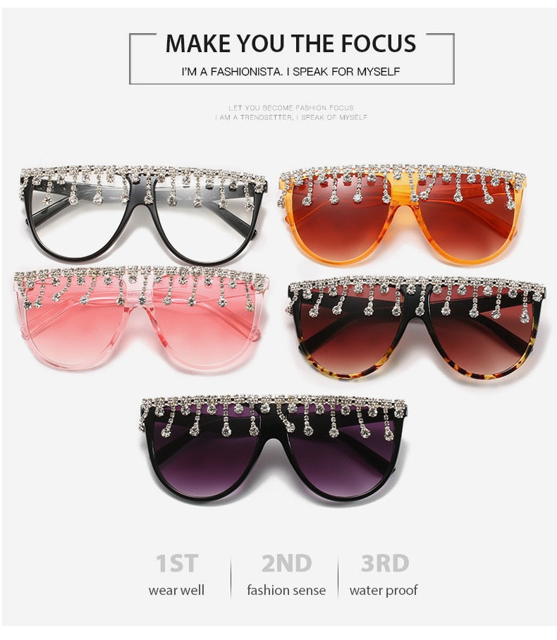 Women's Designer Fashion Tassel Oversized Rhinestone Flat Top Sunglasses - Women Sunglasses - DYAVOR®