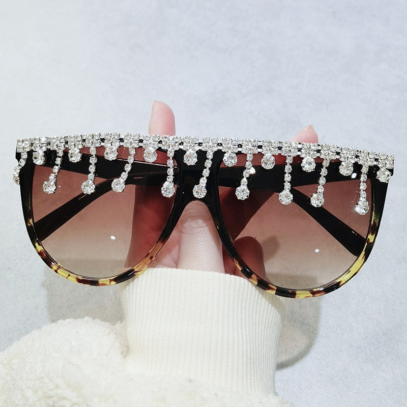 Women's Designer Fashion Tassel Oversized Rhinestone Flat Top Sunglasses - Women Sunglasses - DYAVOR®