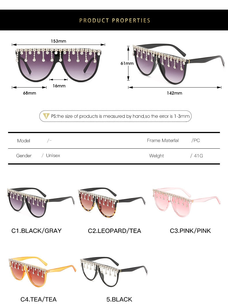 Women's Designer Fashion Tassel Oversized Rhinestone Flat Top Sunglasses - Women Sunglasses - DYAVOR®
