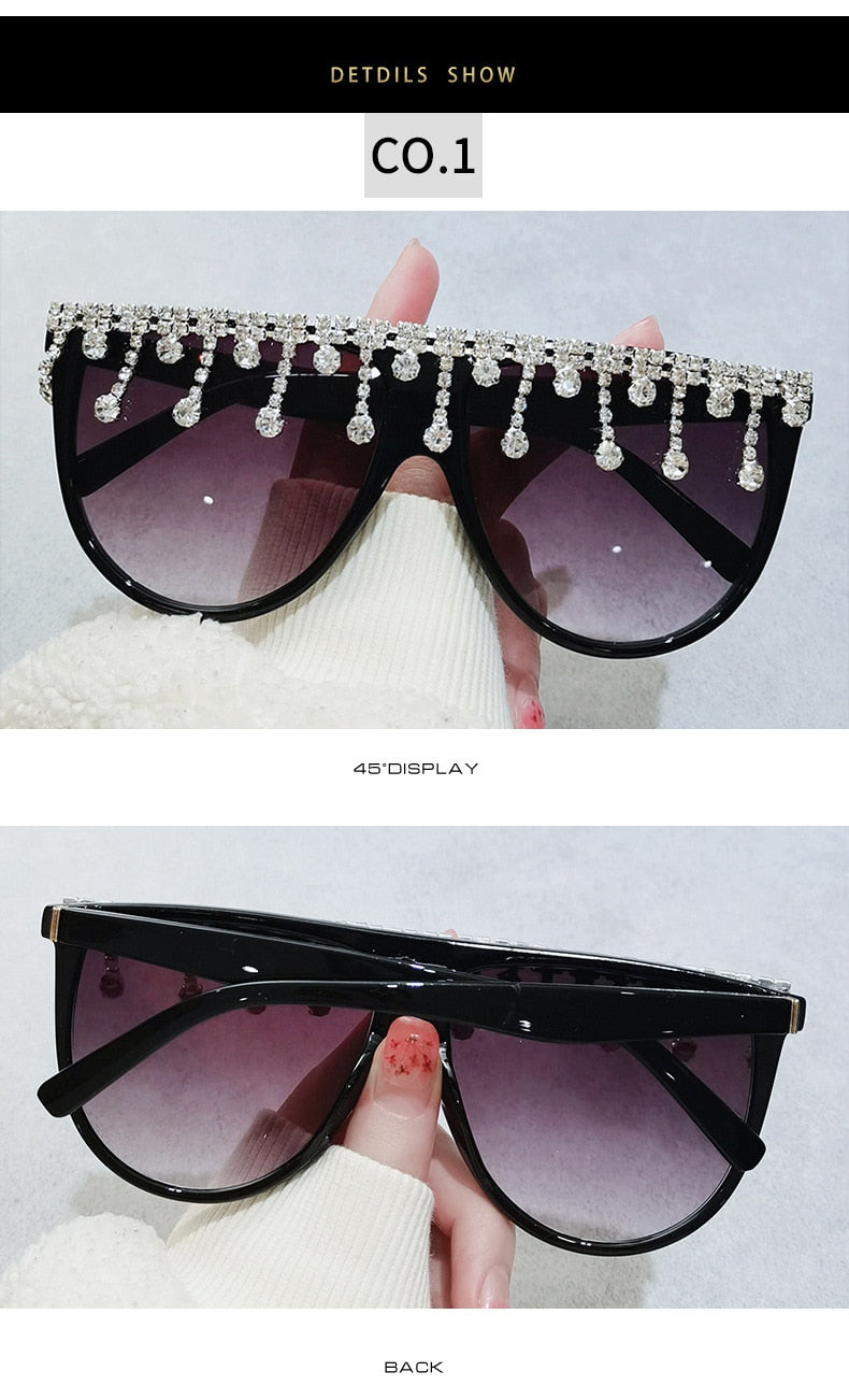 Women's Designer Fashion Tassel Oversized Rhinestone Flat Top Sunglasses - Women Sunglasses - DYAVOR®
