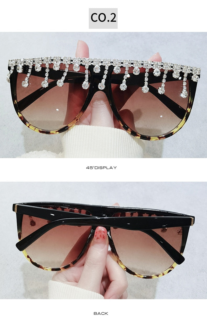 Women's Designer Fashion Tassel Oversized Rhinestone Flat Top Sunglasses - Women Sunglasses - DYAVOR®