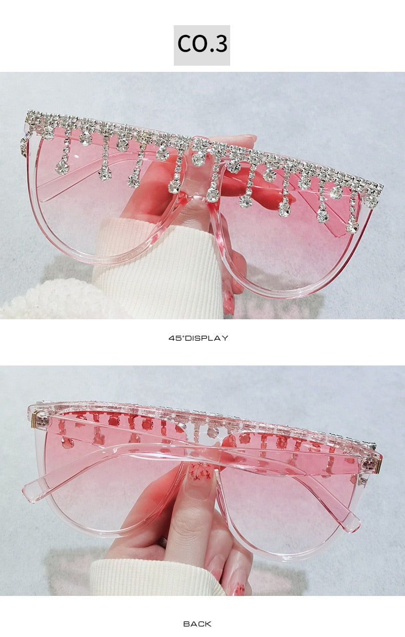 Women's Designer Fashion Tassel Oversized Rhinestone Flat Top Sunglasses - Women Sunglasses - DYAVOR®