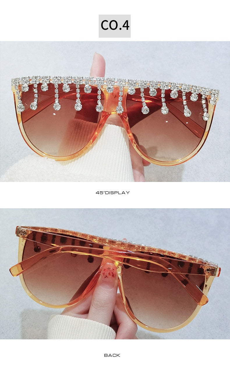 Women's Designer Fashion Tassel Oversized Rhinestone Flat Top Sunglasses - Women Sunglasses - DYAVOR®