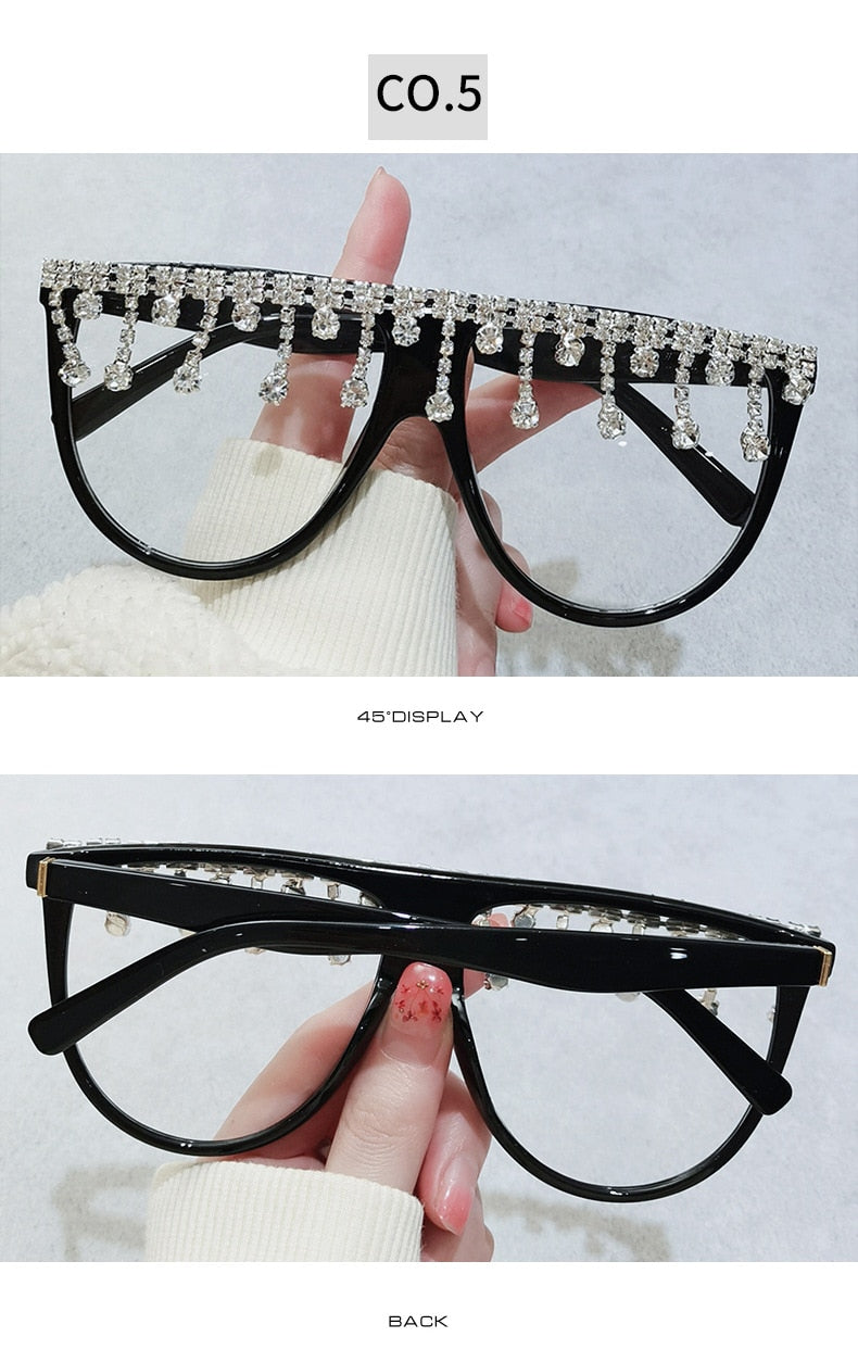Women's Designer Fashion Tassel Oversized Rhinestone Flat Top Sunglasses - Women Sunglasses - DYAVOR®