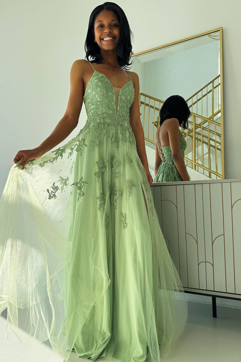 Sage Green V Neck Tulle A-Line Long Prom Dresses with Appliques - Prom Dress - DYAVOR®