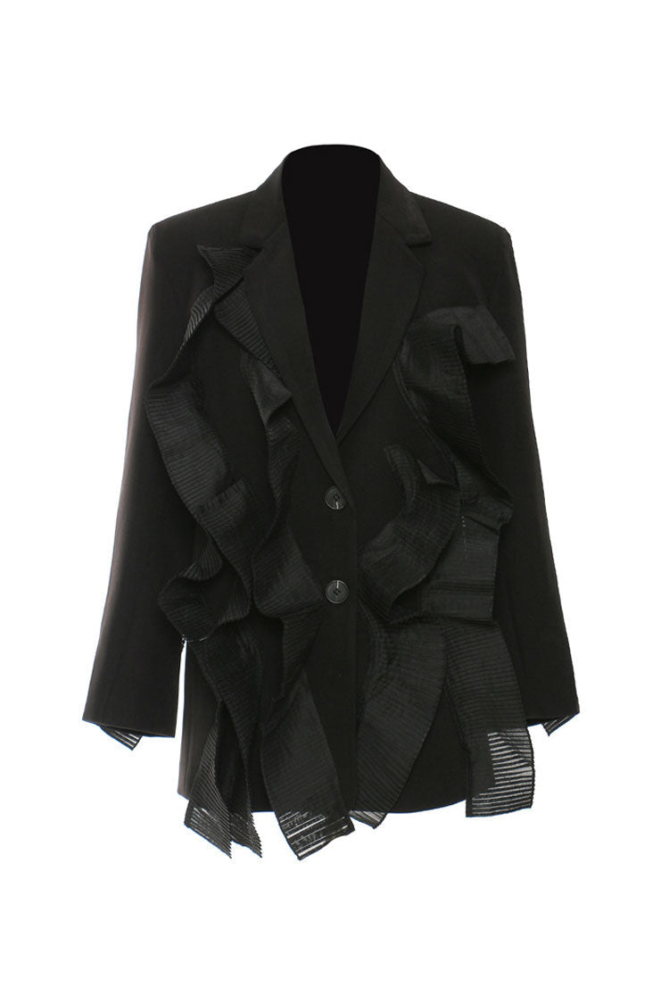Feminine Pleated Ruffle Lapel Collar Long Sleeve Single Breasted Twill Blazer - Blazers - DYAVOR®