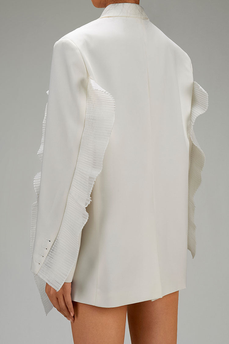 Feminine Pleated Ruffle Lapel Collar Long Sleeve Single Breasted Twill Blazer - Blazers - DYAVOR®