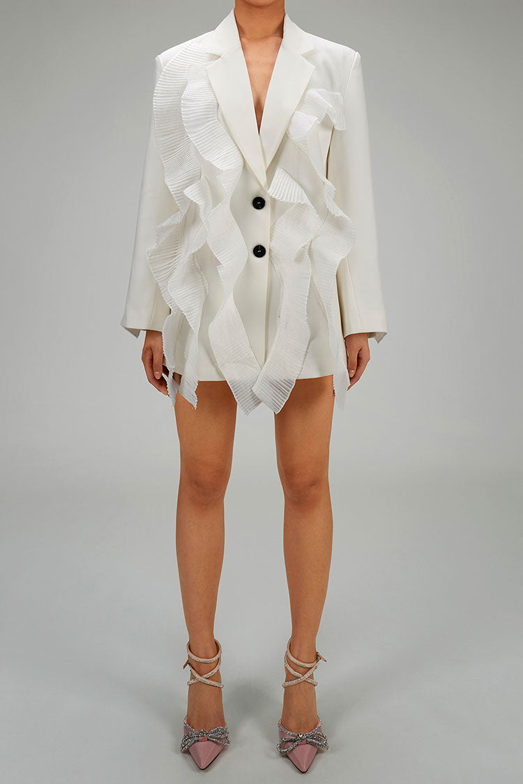 Feminine Pleated Ruffle Lapel Collar Long Sleeve Single Breasted Twill Blazer - Blazers - DYAVOR®