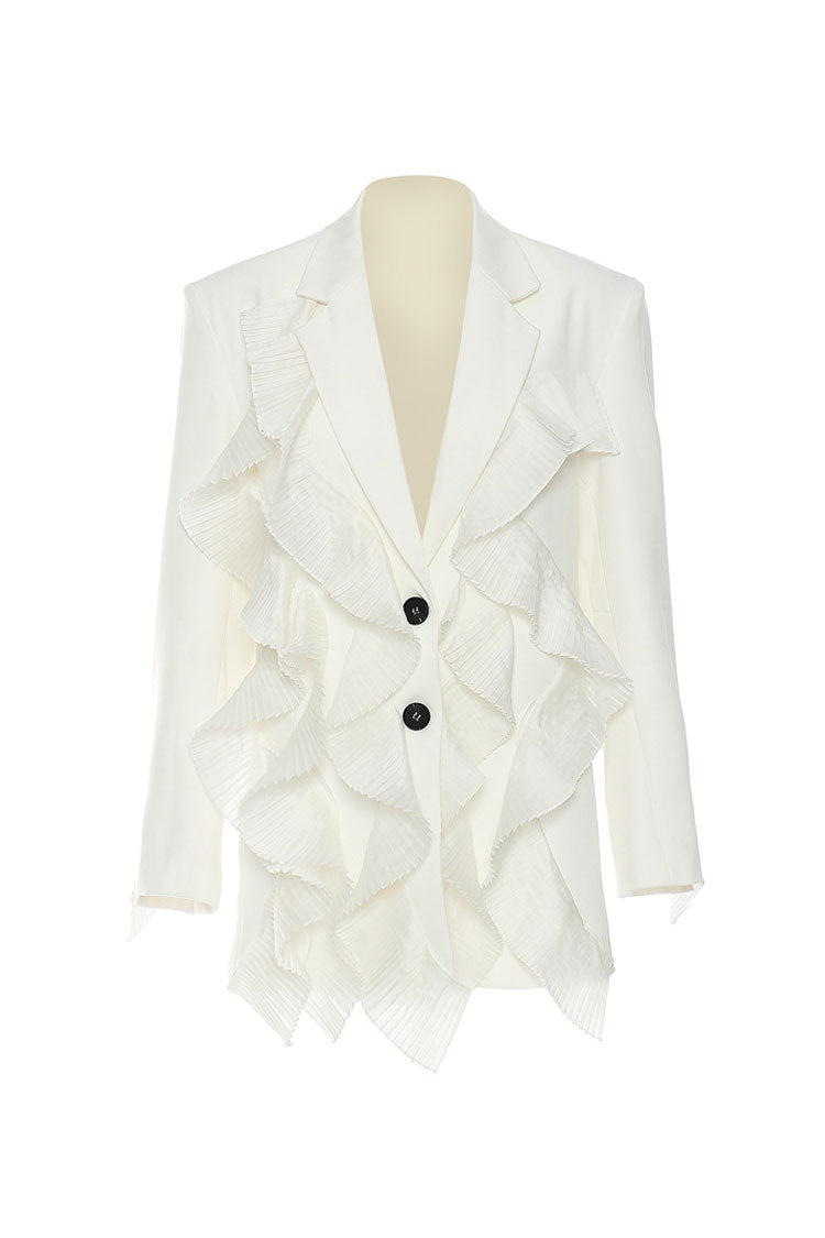 Feminine Pleated Ruffle Lapel Collar Long Sleeve Single Breasted Twill Blazer - Blazers - DYAVOR®