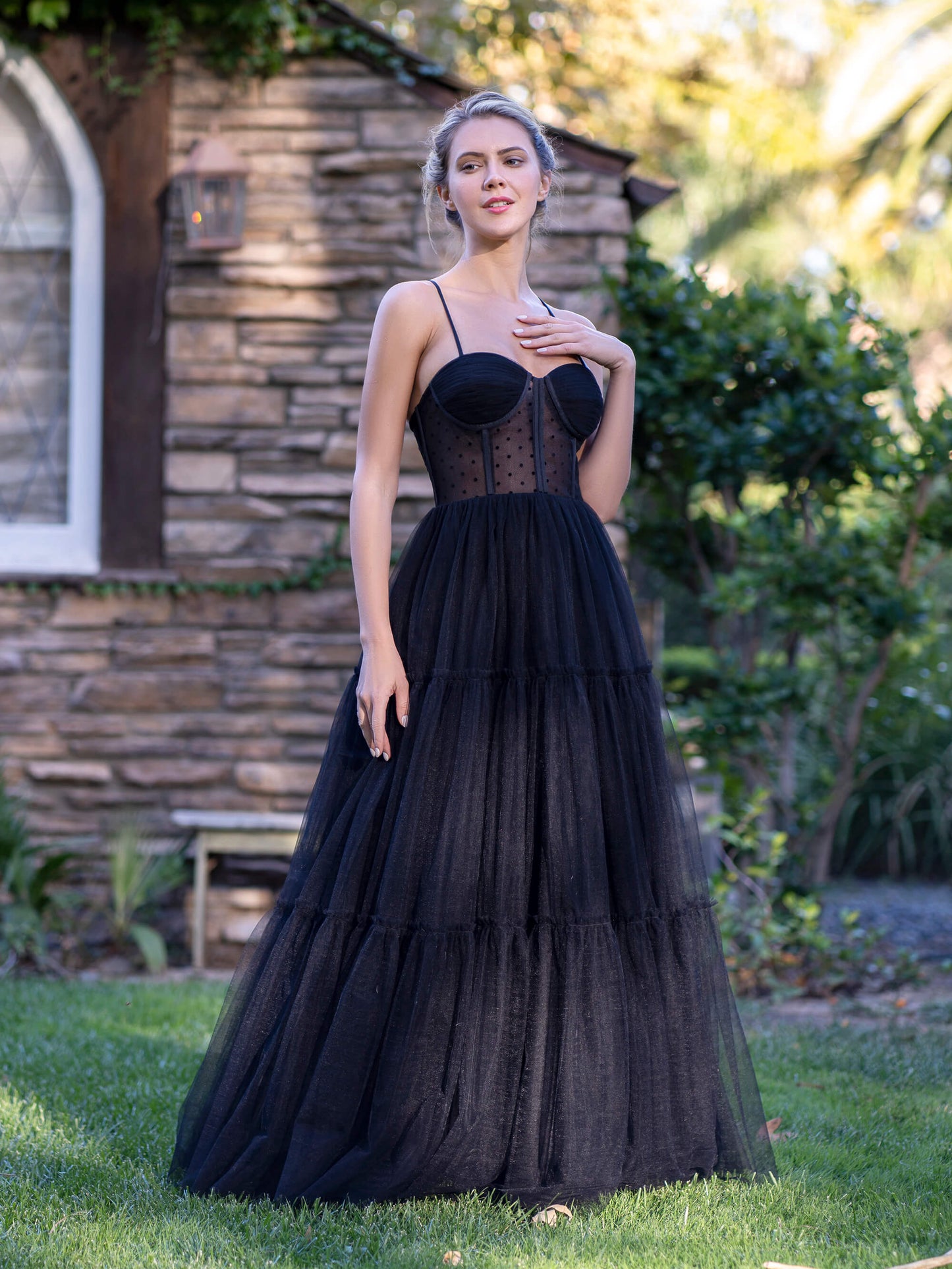 Corset Dotted Tulle Spaghetti Straps Floor Length Prom Dress - Prom Dresses - DYAVOR®