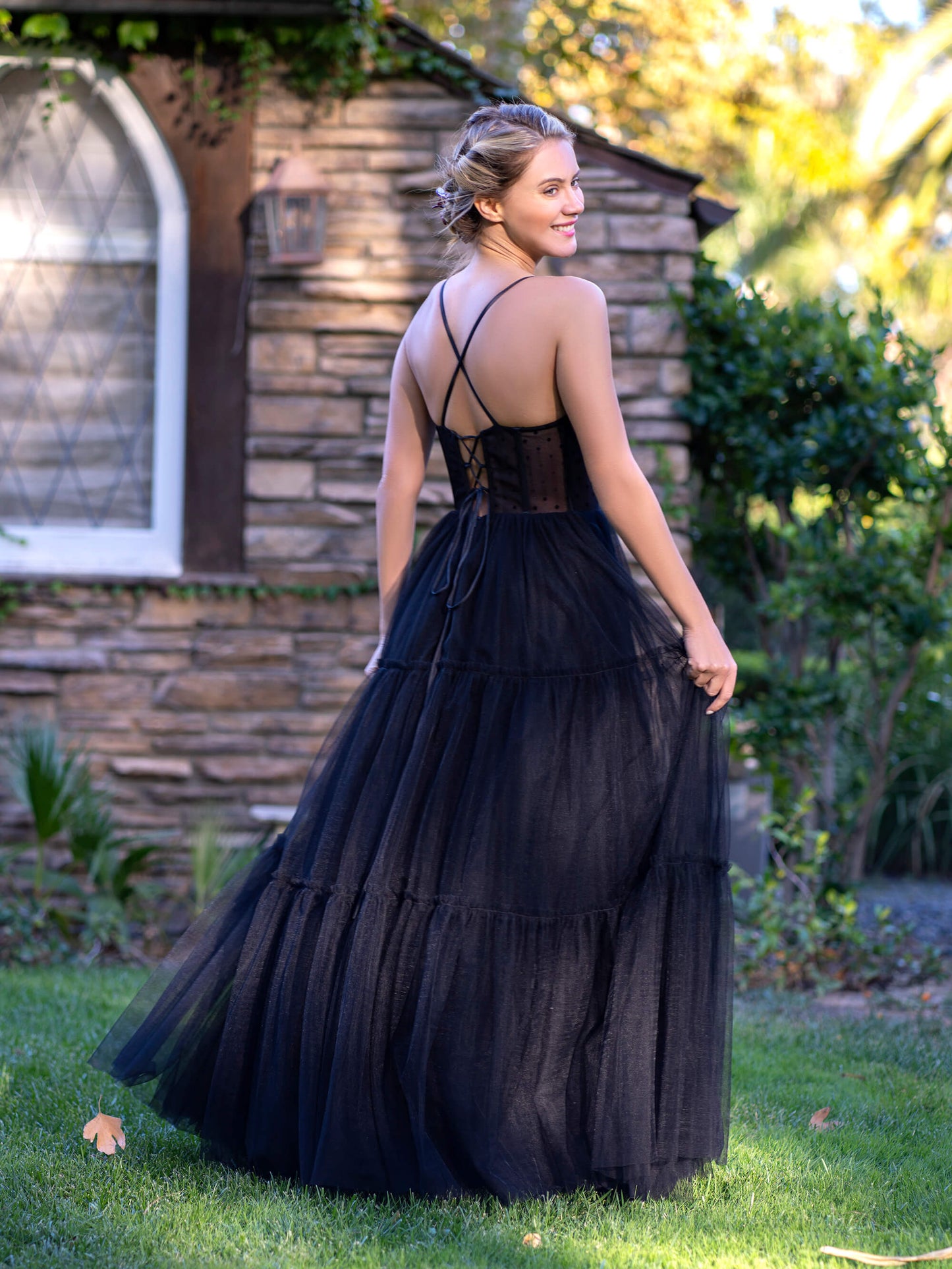 Corset Dotted Tulle Spaghetti Straps Floor Length Prom Dress - Prom Dresses - DYAVOR®
