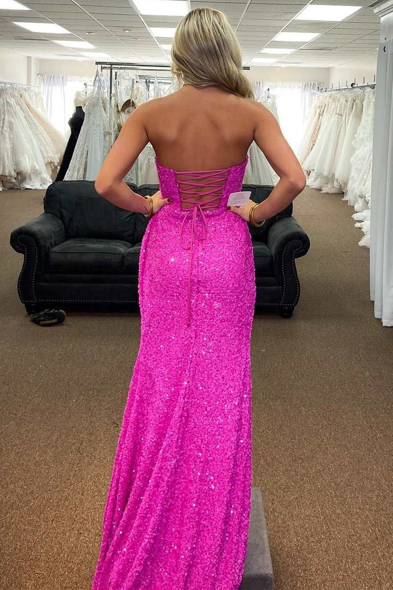 Fuchsia Mermaid Strapless Sequins Lace-Up Long Prom Dress with Slit - Prom Dresses - DYAVOR®