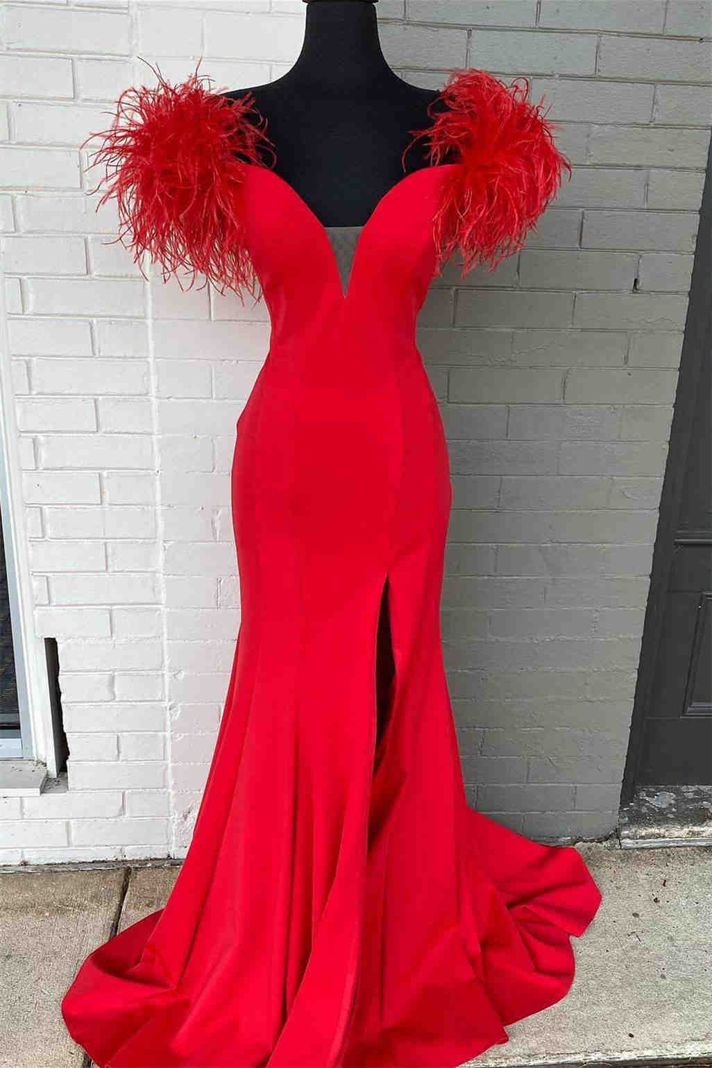 Plunging V-Neck Off the Shoulder Feathered Red Long Party Dress - prom dress - DYAVOR®